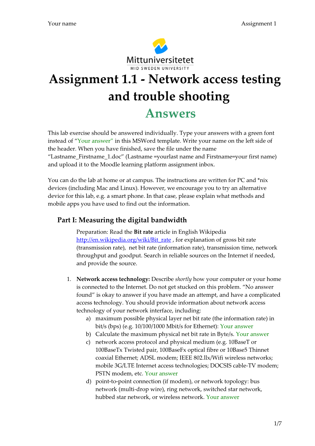 Assignment 1.1 - Network Access Testing and Trouble Shooting Answers