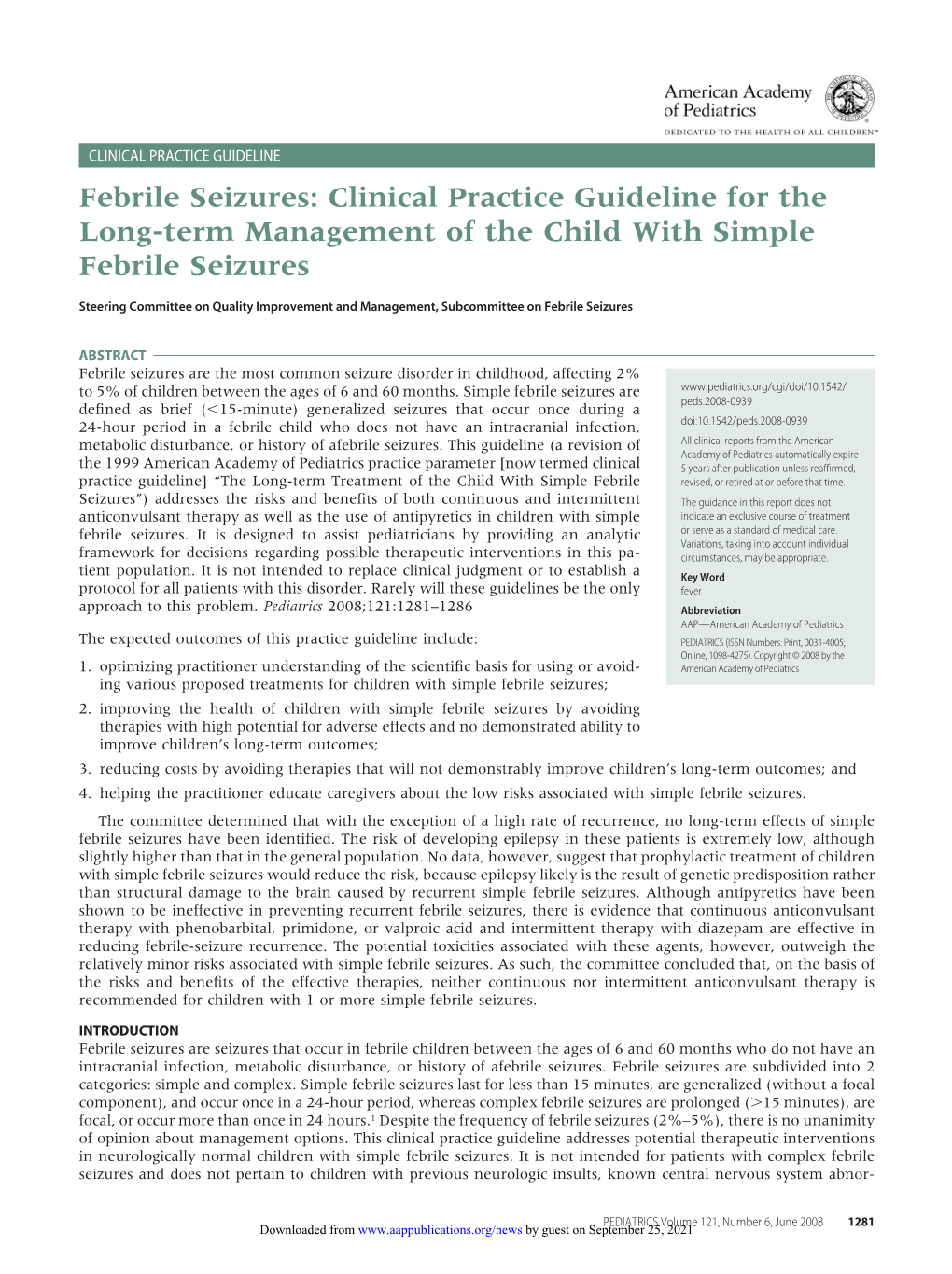 Febrile Seizures: Clinical Practice Guideline for the Long-Term Management of the Child with Simple Febrile Seizures