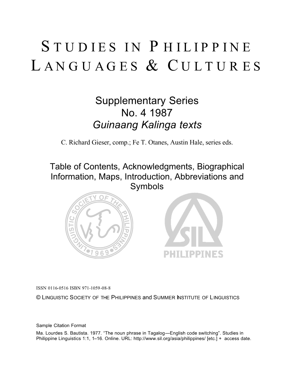 Studies in Philippine Languages & Cultures