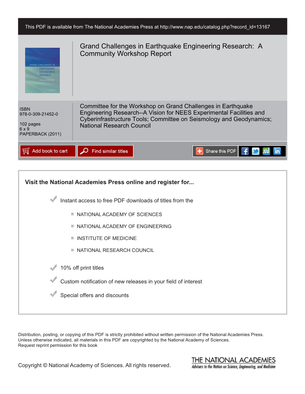 Grand Challenges in Earthquake Engineering Research: a Community Workshop Report