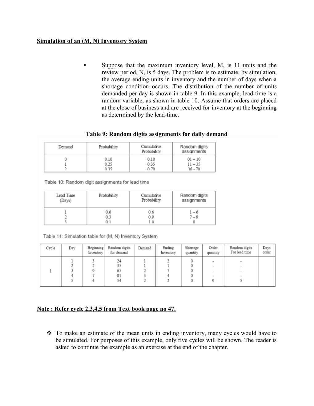 Table 9: Random Digits Assignments for Daily Demand