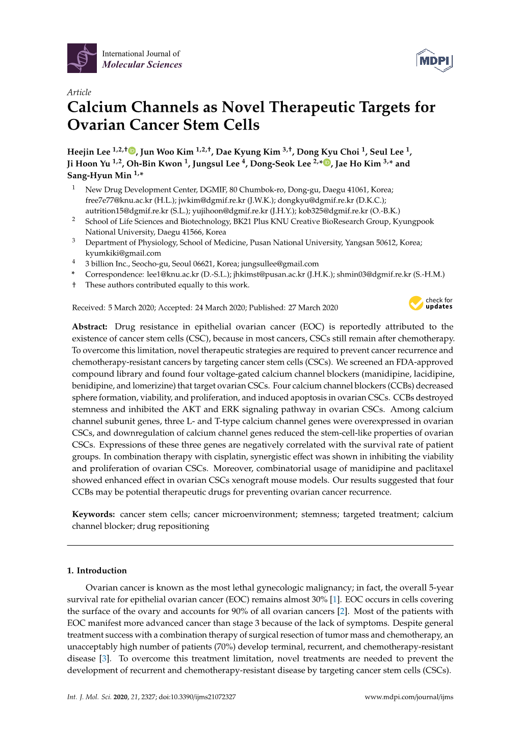Calcium Channels As Novel Therapeutic Targets for Ovarian Cancer Stem Cells