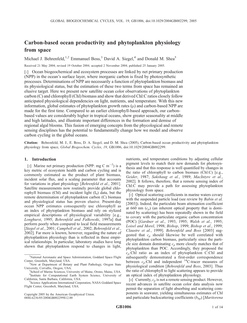 Carbon-Based Ocean Productivity and Phytoplankton Physiology from Space Michael J