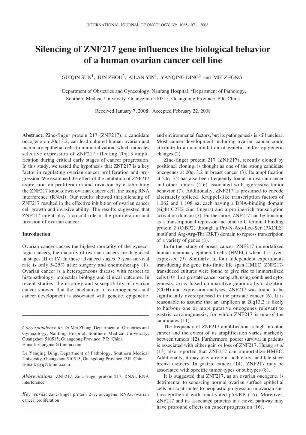 Silencing of ZNF217 Gene Influences the Biological Behavior of a Human Ovarian Cancer Cell Line