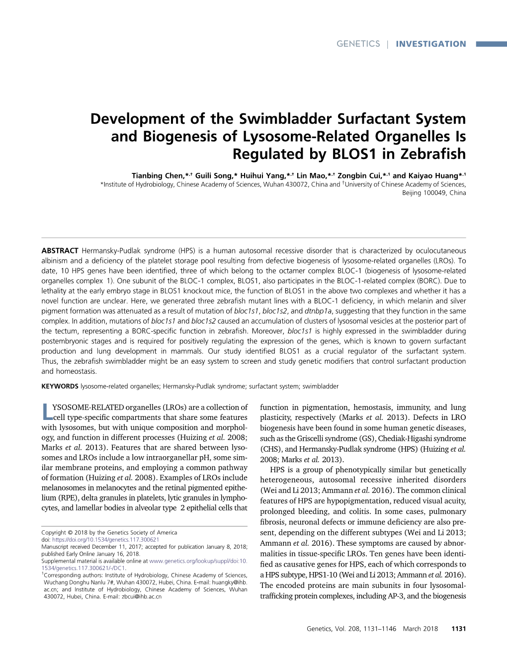 Development of the Swimbladder Surfactant System and Biogenesis of Lysosome-Related Organelles Is Regulated by BLOS1 in Zebraﬁsh