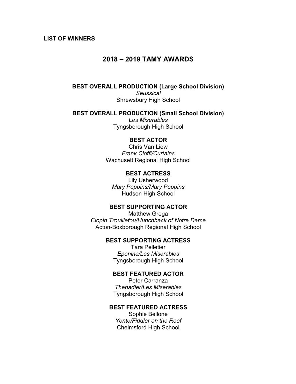 2019 Tamy Award Winners