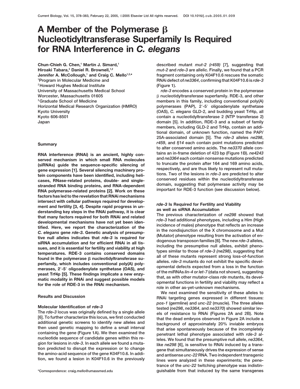 A Member of the Polymerase Nucleotidyltransferase Superfamily Is Required for RNA Interference in C. Elegans