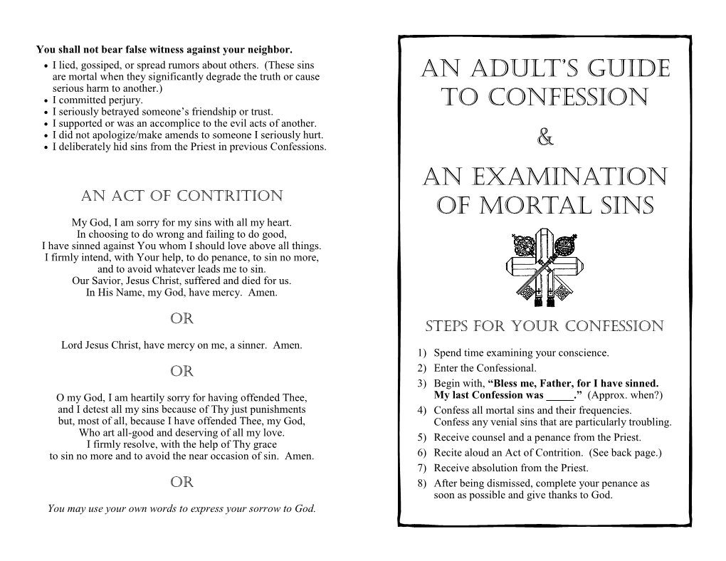 An Adult's Guide to CONFESSION & an Examination of MORTAL SINS