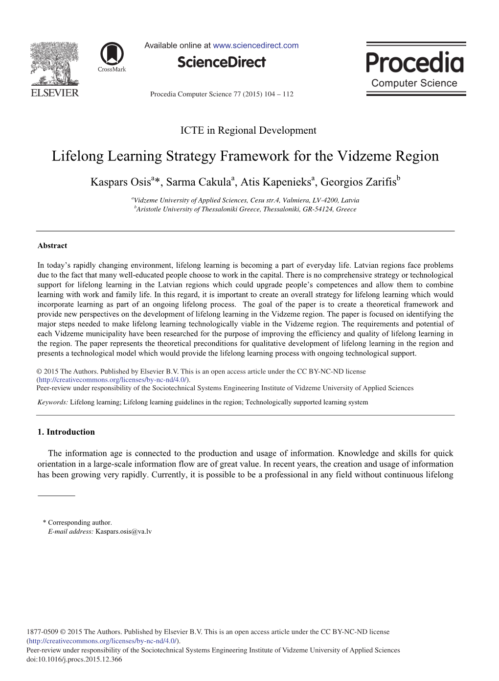 Lifelong Learning Strategy Framework for the Vidzeme Region