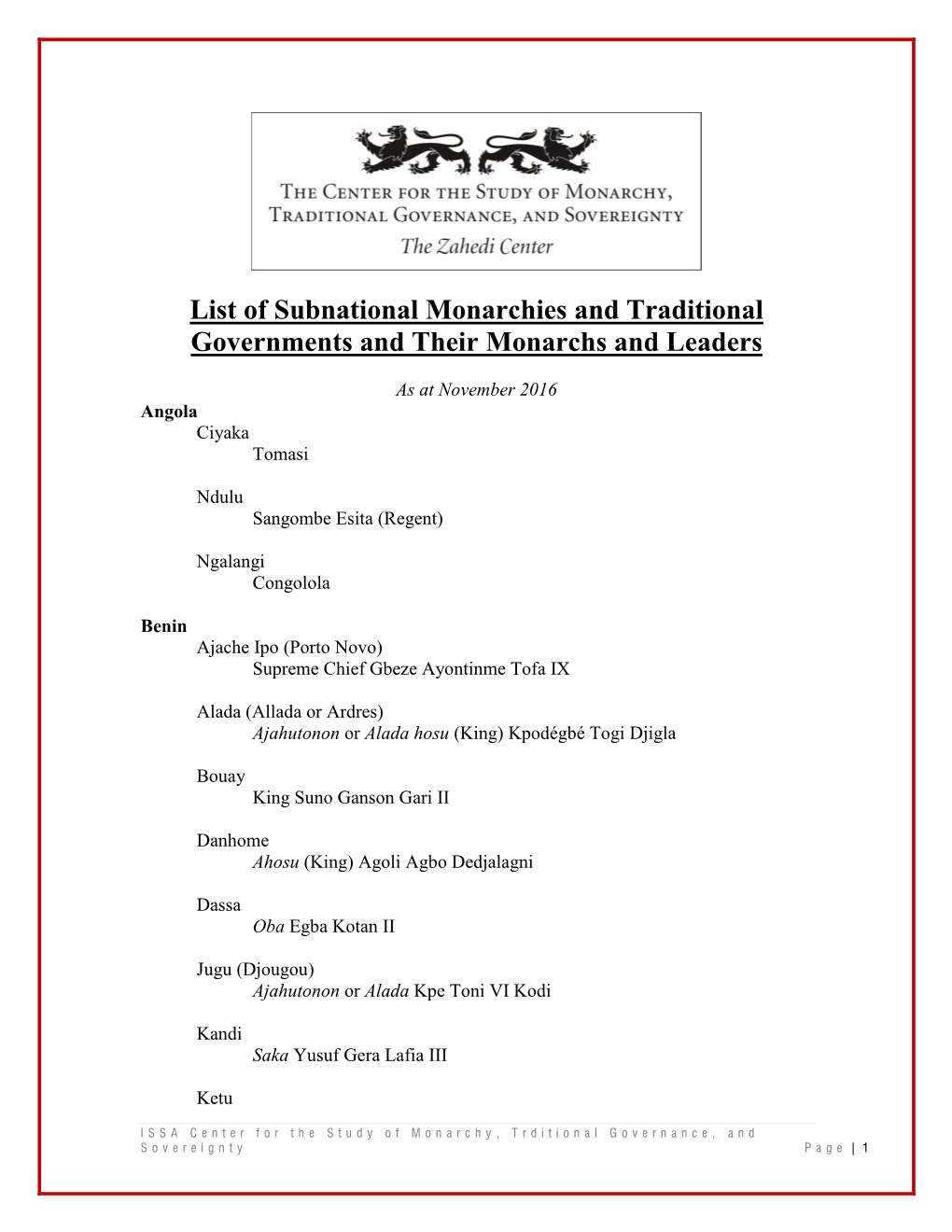 List of Subnational Monarchies and Their Monarchs