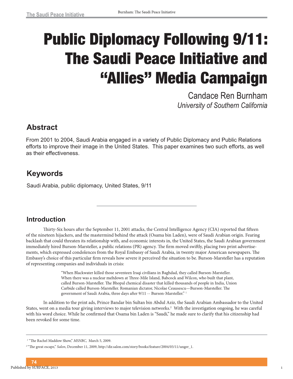 Public Diplomacy Following 9/11: the Saudi Peace Initiative and “Allies” Media Campaign !