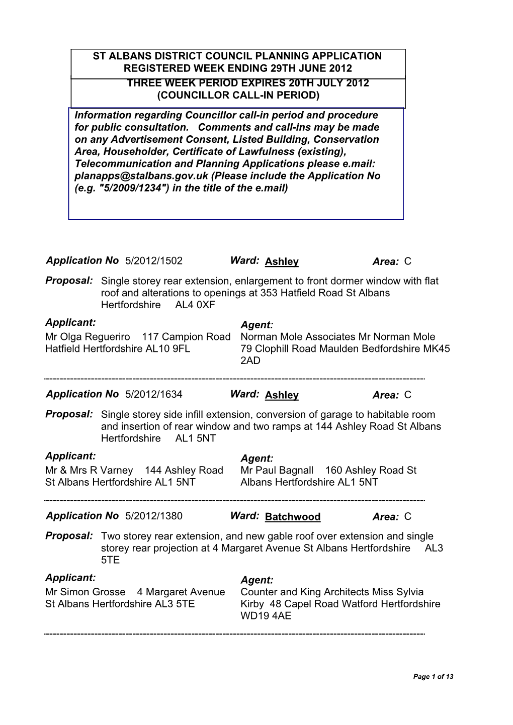 Planning Applications Please E.Mail: Planapps@Stalbans.Gov.Uk (Please Include the Application No (E.G