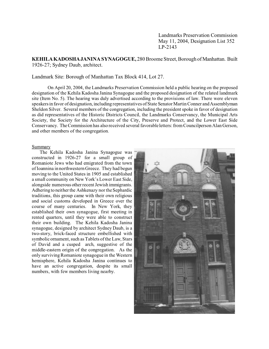 Kehila Kadosha Janina Synagogue Designation Report