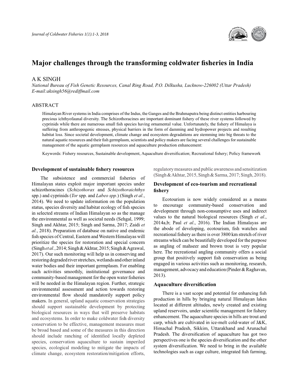 Major Challenges Through the Transforming Coldwater Fisheries in India