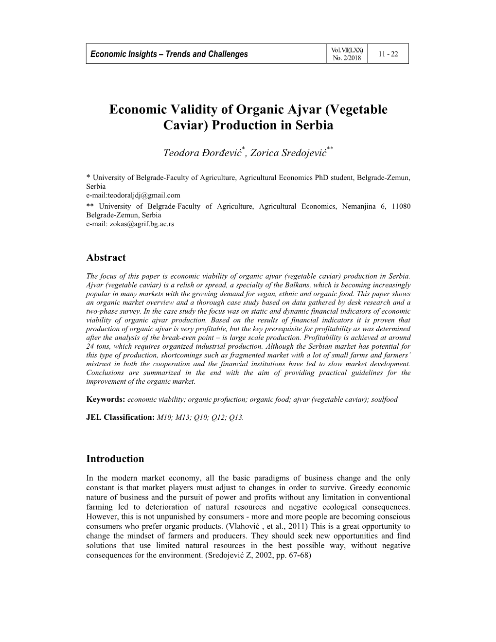 Economic Validity of Organic Ajvar (Vegetable Caviar) Production in Serbia