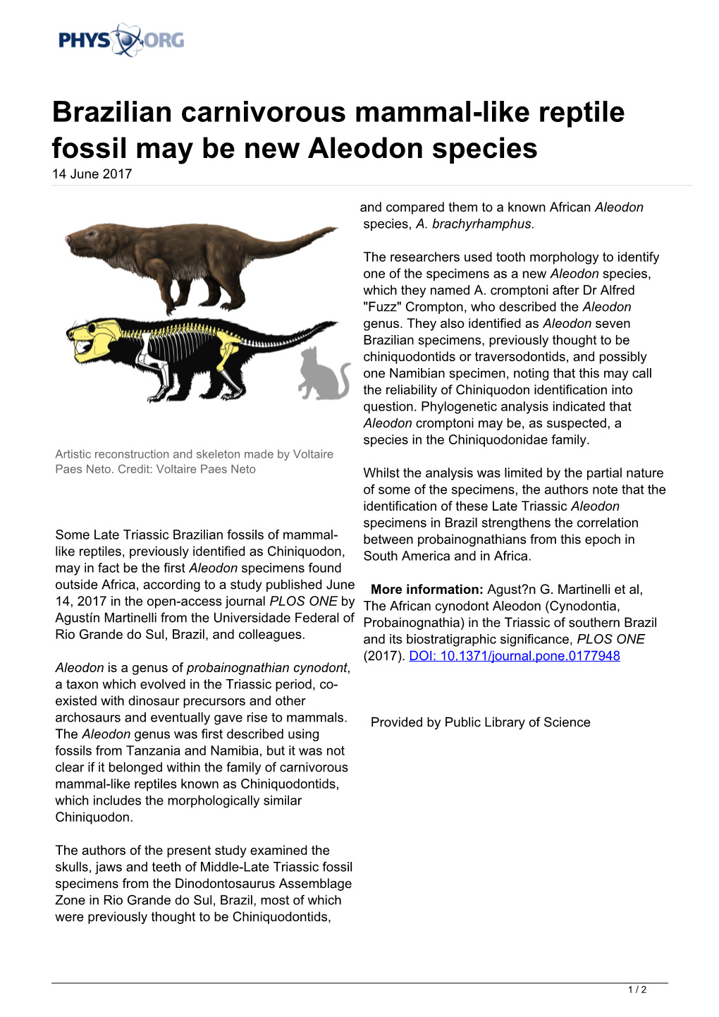 Brazilian Carnivorous Mammal-Like Reptile Fossil May Be New Aleodon Species 14 June 2017