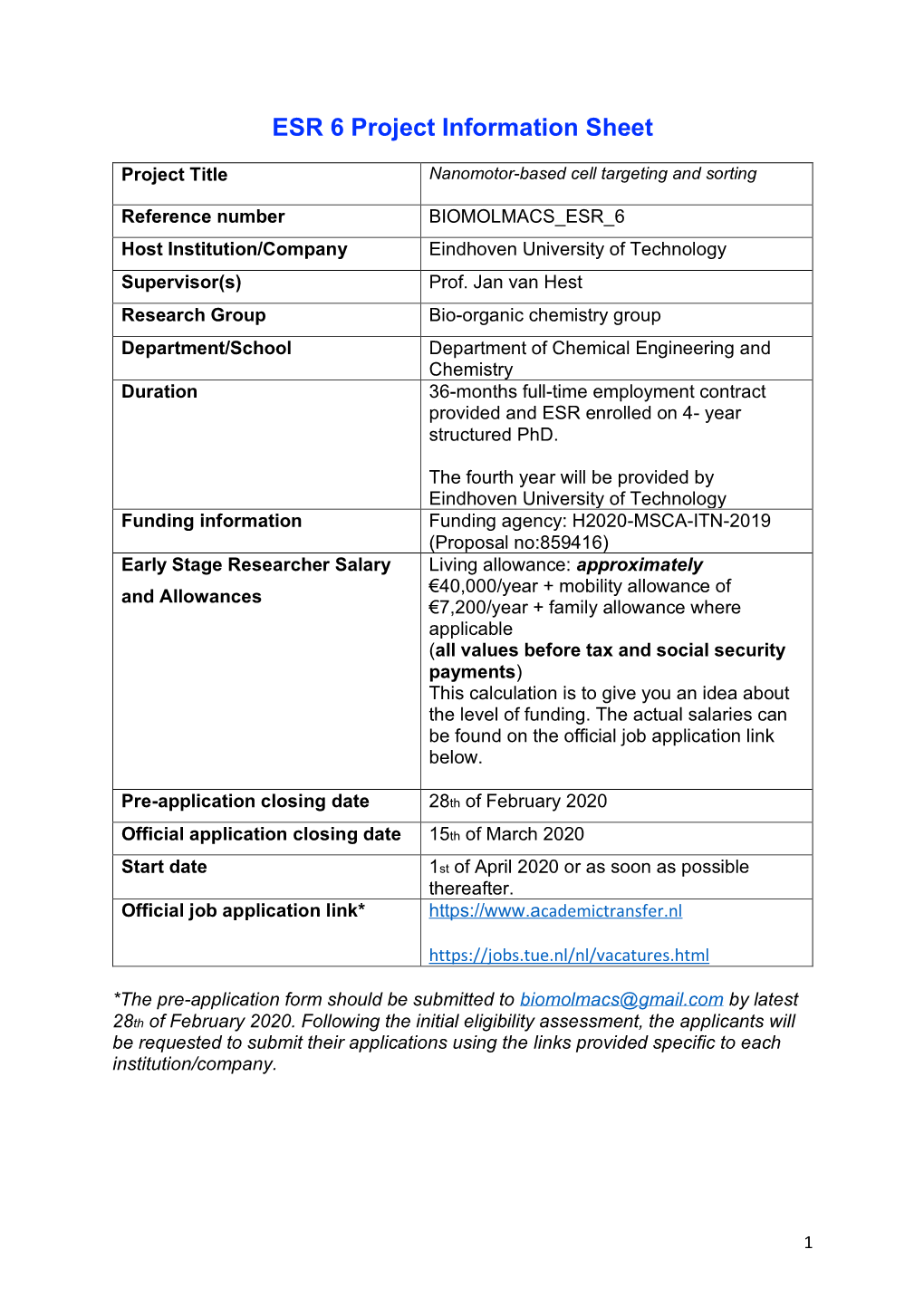 ESR 6 Project Information Sheet