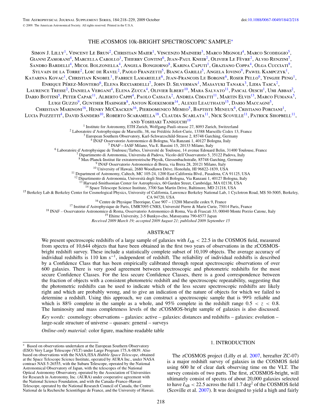 THE Zcosmos 10K-BRIGHT SPECTROSCOPIC SAMPLE∗