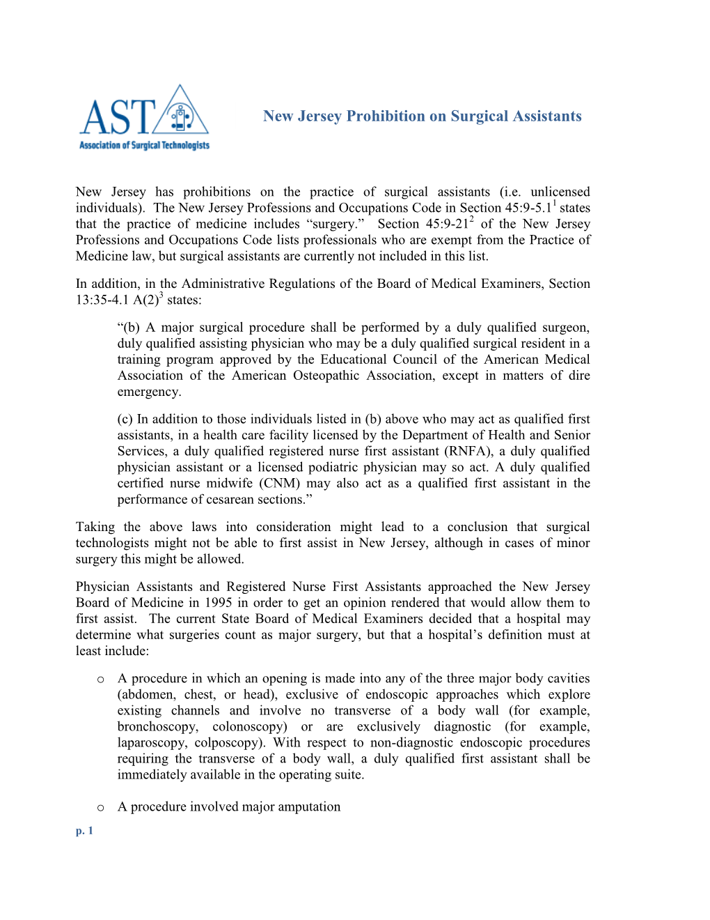 New Jersey Prohibition on Surgical Assistants