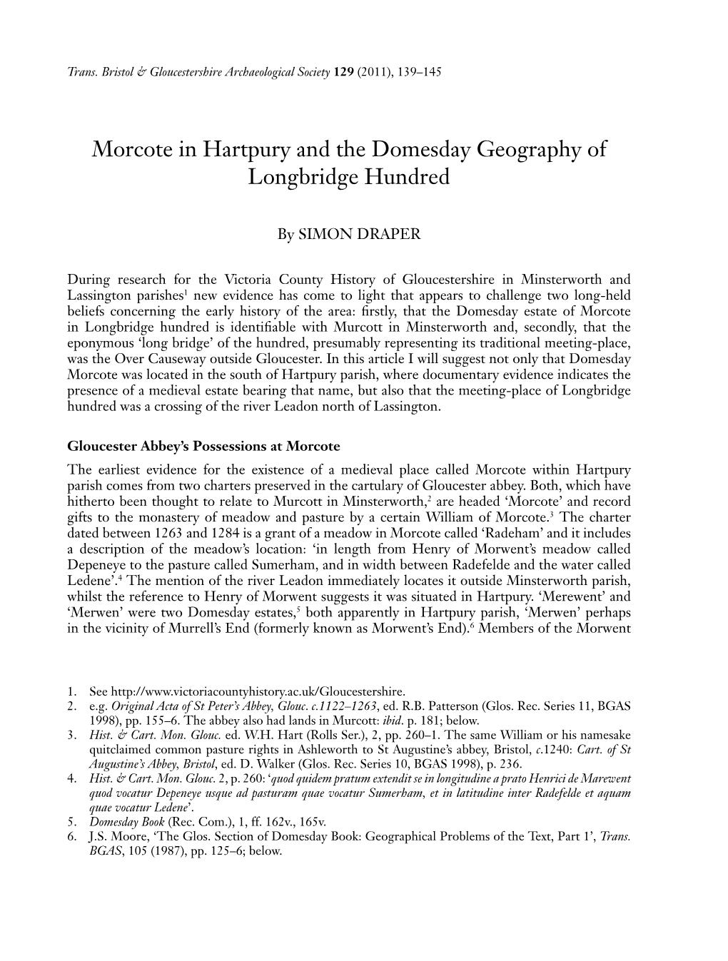 Morcote in Hartpury and the Domesday Geography of Longbridge Hundred