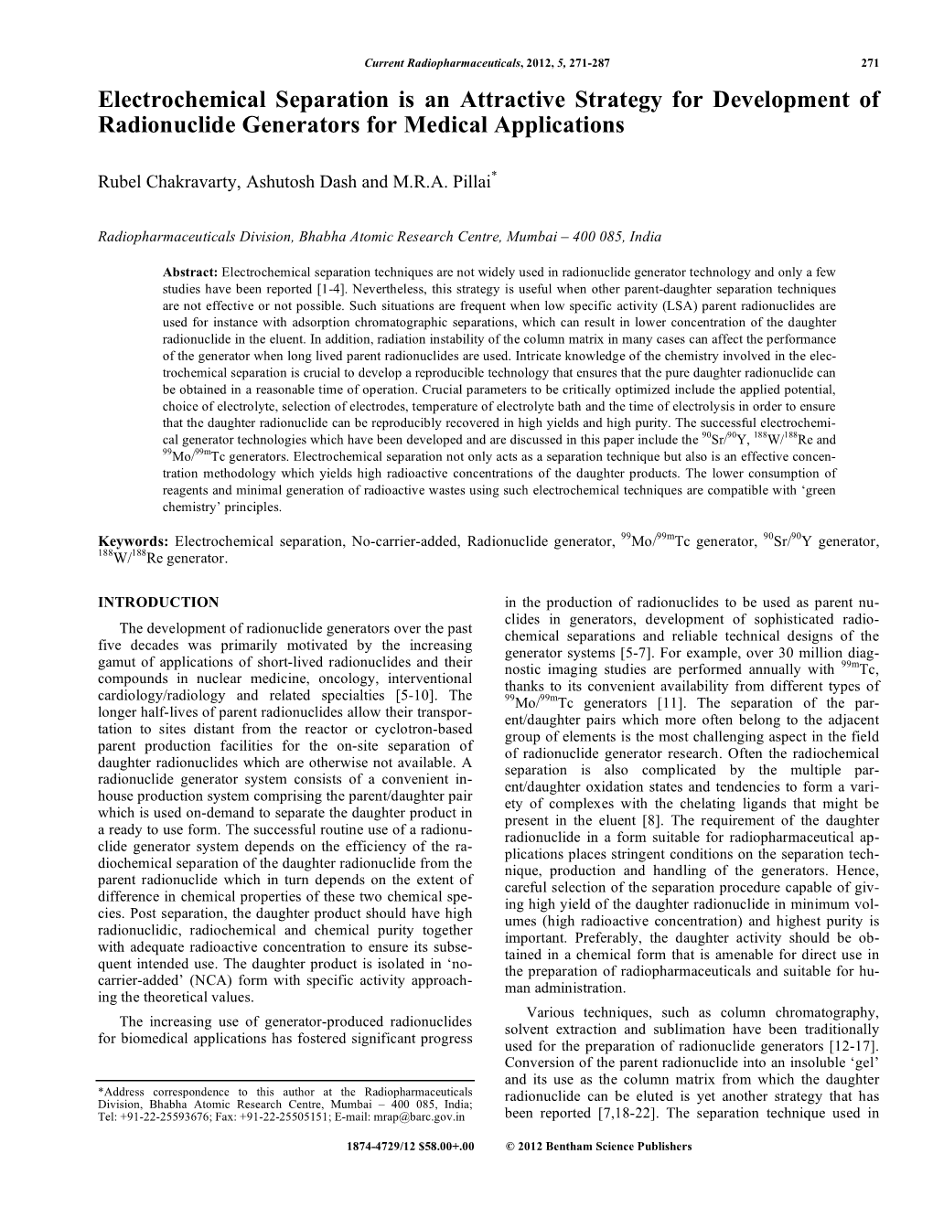 Electrochemical Separation Is an Attractive Strategy for Development of Radionuclide Generators for Medical Applications