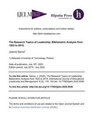 The Research Topics of Leadership: Bibliometric Analysis from 1923 to 2019