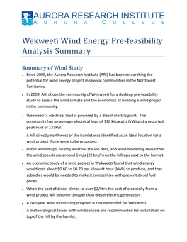 Wekweeti Wind Energy Pre-Feasibility Analysis Summary
