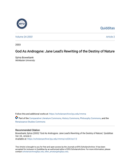God As Androgyne: Jane Lead's Rewriting of the Destiny of Nature
