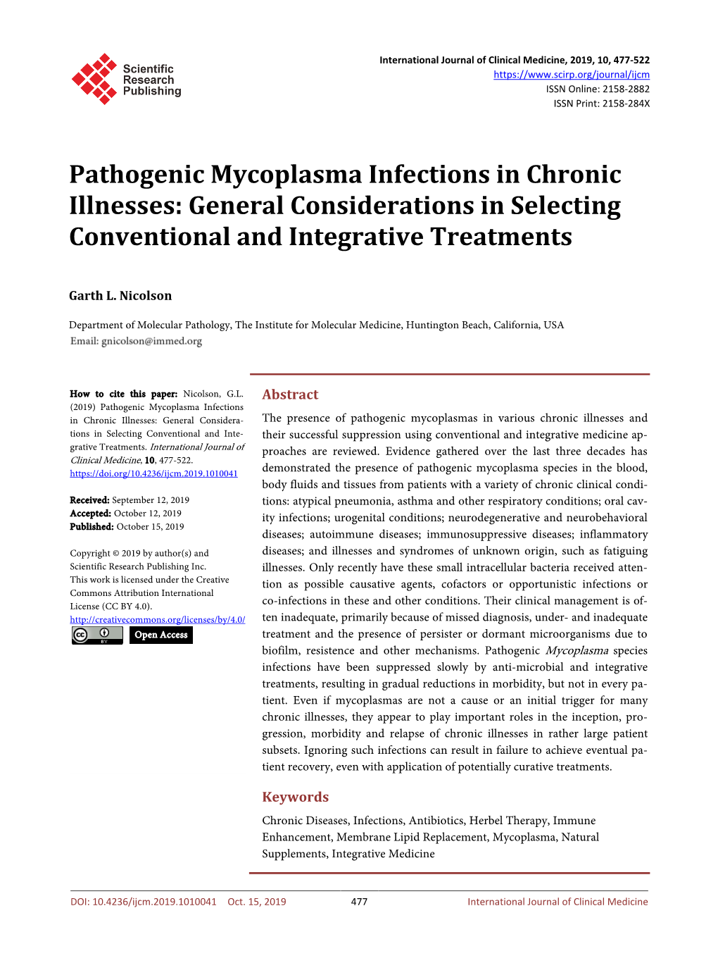 Pathogenic Mycoplasma Infections in Chronic Illnesses: General Considerations in Selecting Conventional and Integrative Treatments