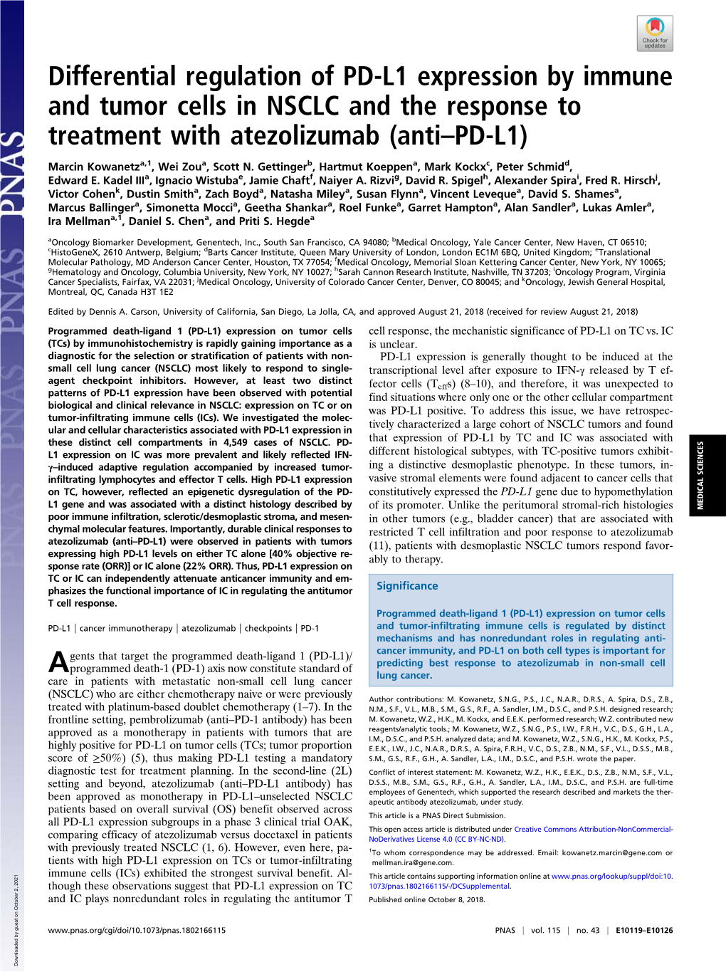 Differential Regulation of PD-L1 Expression by Immune and Tumor Cells in NSCLC and the Response to Treatment with Atezolizumab (Anti–PD-L1)