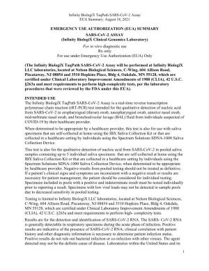 Infinity Biologix Taqpath SARS-Cov-2 Assay EUA Summary: August 18, 2021