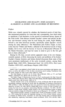 Doubleness and Duality: Jurji Zayd N's Al-Maml K Al-Sh Rid