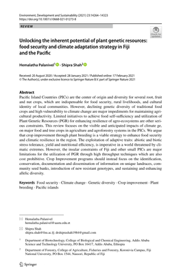 Unlocking the Inherent Potential of Plant Genetic Resources: Food Security and Climate Adaptation Strategy in Fiji and the Pacifc
