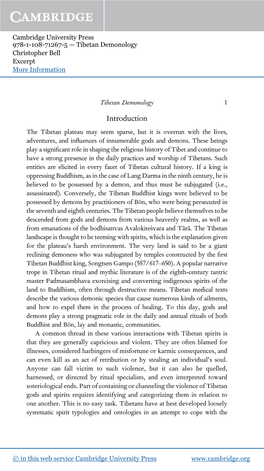 Introduction the Tibetan Plateau May Seem Sparse, but It Is Overrun with the Lives, Adventures, and Inﬂuences of Innumerable Gods and Demons