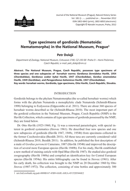 Type Specimens of Gordioids (Nematoida: Nematomorpha) in the National Museum, Prague1