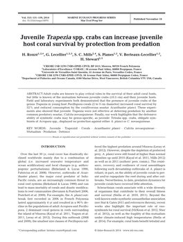 Juvenile Trapezia Spp. Crabs Can Increase Juvenile Host Coral Survival by Protection from Predation