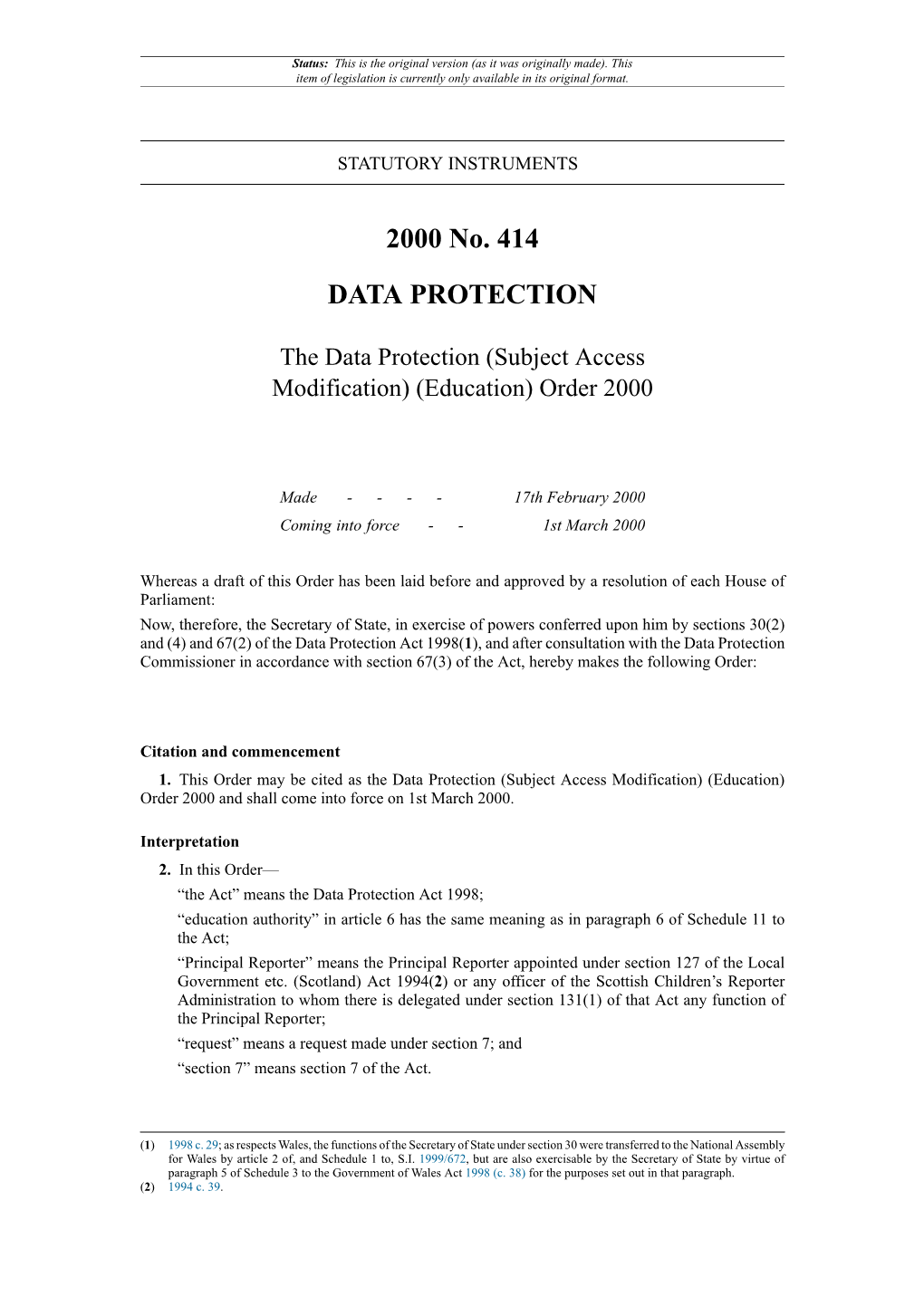 The Data Protection (Subject Access Modification) (Education) Order 2000
