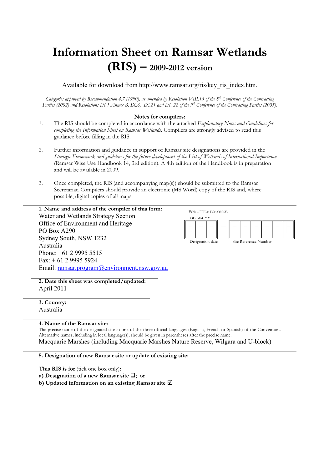 Information Sheet on Ramsar Wetlands (RIS) – 2009-2012 Version