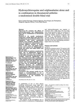 Hydroxychloroquine and Sulphasalazine Alone and Ann Rheum Dis: First Published As 10.1136/Ard.52.10.711 on 1 October 1993