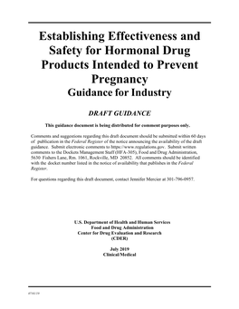 Establishing Effectiveness and Safety for Hormonal Drug Products Intended to Prevent Pregnancy Guidance for Industry