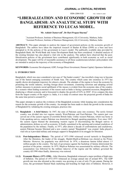 “Liberalization and Economic Growth of Bangladesh: an Analytical Study with Reference to Lucas Model