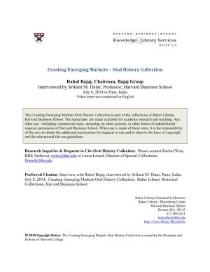 Creating Emerging Markets – Oral History Collection Rahul Bajaj