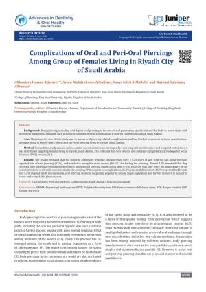 Complications of Oral and Peri-Oral Piercings Piercings Among Group