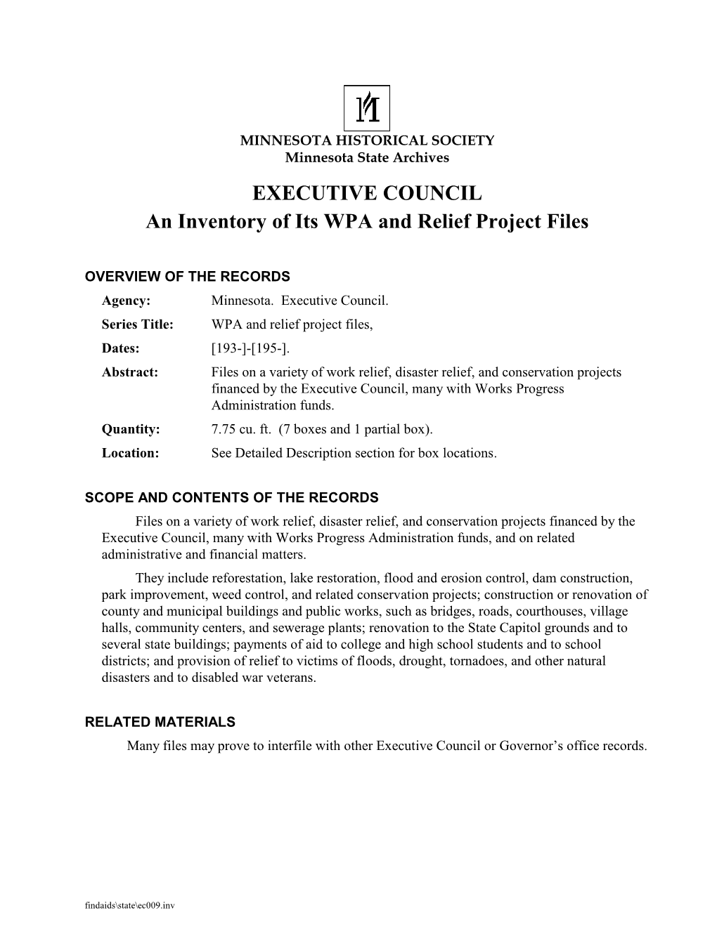 An Inventory of Its WPA and Relief Project Files