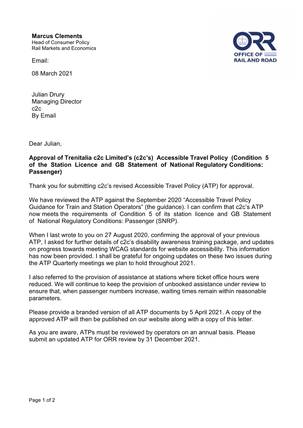 C2c Rail Limited's Accessible Travel Policy Approval Decision Letter And