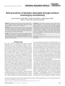 Birth Prevalence of Disorders Detectable Through Newborn Screening by Race/Ethnicity