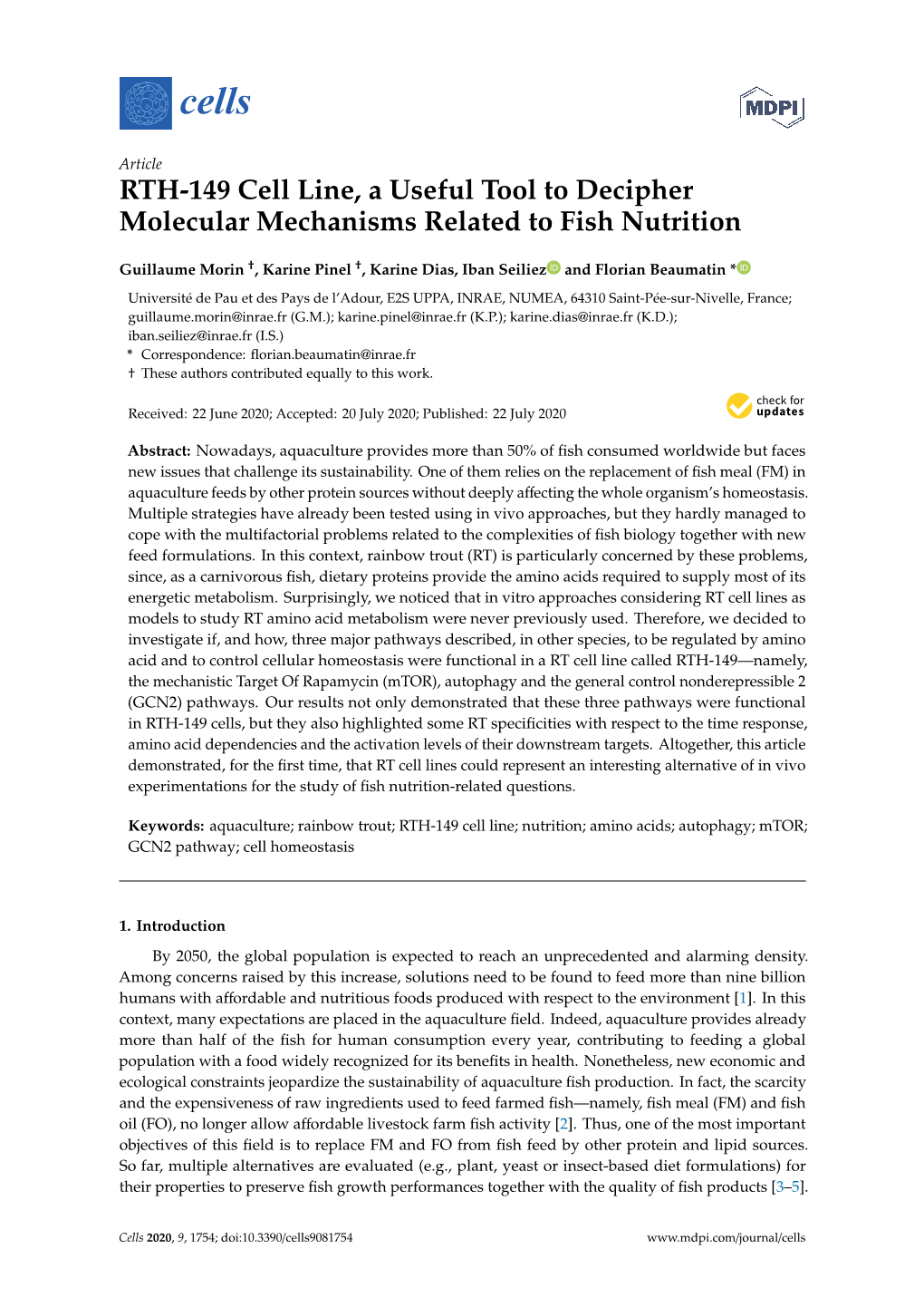 RTH-149 Cell Line, a Useful Tool to Decipher Molecular Mechanisms Related to Fish Nutrition