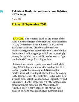 Pakistani Kashmiri Militants Now Fighting NATO Forces Amir Mir Friday 18 September 2009