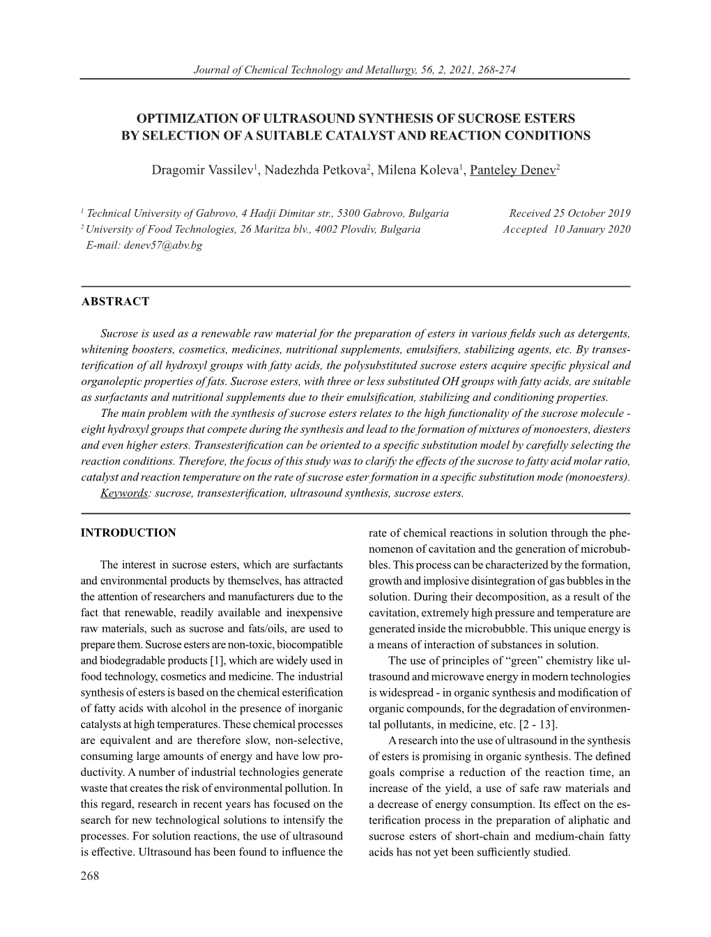 Optimization of Ultrasound Synthesis of Sucrose Esters by Selection of a Suitable Catalyst and Reaction Conditions