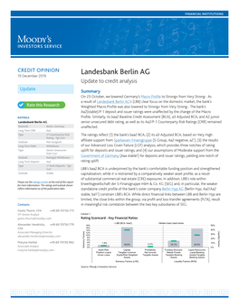 Landesbank Berlin AG 19 December 2019 Update to Credit Analysis